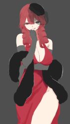 1girl absurdres bare_shoulders black_gloves black_veil breasts cleavage cocktail_dress dress drill_hair elbow_gloves fur_shawl gloves hand_on_own_chin highres kasane_teto makisugi red_dress red_eyes red_hair seductive_smile shawl side_slit smile tongue tongue_out twin_drills utau veil
