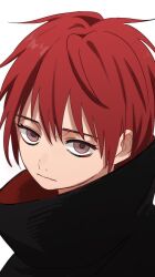 1boy :| akatsuki_uniform closed_mouth commentary expressionless hashtag-only_commentary high_collar jitome kooda male_focus naruto_(series) pink_eyes red_hair sanpaku sasori_(naruto) short_hair simple_background solo two-sided_fabric upper_body white_background