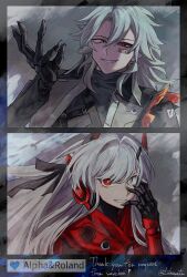 Rule 34 | 1boy, 1girl, alpha: crimson abyss (pgr), alpha (pgr), barcode, barcode tattoo, black ribbon, black sclera, colored sclera, facial tattoo, grey eyes, grey hair, grin, hair ribbon, headgear, headphones, heterochromia, highres, jacket, joints, long hair, looking at viewer, mechanical arms, mismatched sclera, punishing: gray raven, red eyes, red scarf, ribbon, robot joints, roland (pgr), scarf, smile, takamatu hajime, tattoo, white hair, yellow eyes
