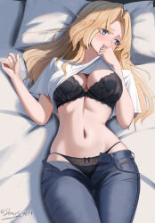 Rule 34 | 1girl, absurdres, averting eyes, bed sheet, black bra, black panties, blonde hair, blue eyes, blue pants, blush, bra, breasts, cleavage, clothes lift, commentary request, covering own mouth, denim, dimos (dawn 1945), embarrassed, hair intakes, head on pillow, highres, hornet (kancolle), jeans, kantai collection, large breasts, lifting own clothes, long hair, looking to the side, lying, navel, on back, on bed, open fly, panties, pants, pillow, shirt, shirt lift, short sleeves, signature, solo, stomach, underwear, white shirt