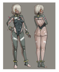 Rule 34 | 1girl, 621 (armored core vi), absurdres, armored core, armored core vi: fires of rubicon, blush, bodysuit, breasts, character name, closed mouth, commentary, commentary request, covered navel, dark-skinned female, dark skin, ebonyxh, english commentary, eyes visible through hair, freckles, from behind, full body, grey background, hair over one eye, highres, looking at viewer, looking back, mecha pilot suit, messy hair, parted lips, pointy breasts, ringed eyes, short hair, simple background, skin tight, small breasts, solaria (ebonyxh), solo, standing, sweat, white background, white hair, yellow eyes