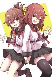 Rule 34 | 2girls, badge, blush, brown eyes, brown hair, fang, folded ponytail, hair ornament, hairclip, highres, ikazuchi (kancolle), inazuma (kancolle), kantai collection, long hair, long sleeves, looking at viewer, military uniform, multiple girls, naval uniform, neckerchief, one eye closed, open mouth, original remodel (kantai collection), pleated skirt, red neckerchief, school uniform, serafuku, shirt, short hair, skirt, smile, thighhighs, unagiman, white background, white shirt