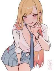 1girl absurdres barbell_piercing between_breasts between_legs black_choker blonde_hair blue_necktie blue_skirt blush bra bra_visible_through_clothes bracelet breasts choker cleavage clenched_teeth collarbone collared_shirt colored_tips commentary cowboy_shot ear_piercing earrings english_commentary fake_nails gyaru hand_between_legs hand_between_thighs hand_up heart heart-shaped_pupils highres jewelry kitagawa_marin large_breasts leaning_forward long_hair looking_at_viewer miniskirt multicolored_hair multiple_bracelets necktie necktie_between_breasts piercing pink_eyes pink_nails plaid_clothes plaid_skirt pleated_skirt quilm ring school_uniform shirt signature simple_background skirt sleeves_rolled_up solo sono_bisque_doll_wa_koi_wo_suru summer_uniform symbol-shaped_pupils teeth tied_shirt unbuttoned unbuttoned_shirt underwear v white_background white_shirt