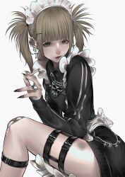 1girl absurdres aegyo_sal apron barbell_piercing black_jacket black_nails blonde_hair blunt_bangs bruise bruise_on_leg calflet chain cigarette commentary_request cross cross_earrings cross_in_eye ear_piercing earrings eyelashes face_piercing fingernails frilled_apron frills garter_straps gauze_on_knee grey_background grey_eyes hair_ornament hairclip highres holding holding_cigarette injury jacket jersey_maid jewelry latin_cross lip_piercing lip_ring long_fingernails long_sleeves looking_at_viewer maid maid_headdress mano_aaa multiple_earrings nail_polish necklace original parted_lips piercing red_lips simple_background smoking solo track_jacket turtleneck turtleneck_jacket twintails unconventional_maid waist_apron white_apron