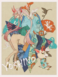 2girls absurdres animal_crossing animal_ears aqua_kimono border brown_background character_name deer_ears deer_girl demon_girl demon_horns dual_persona floral_print floral_print_kimono flower full_body furry gradient_clothes gradient_hair gradient_kimono green_sash highres horns humanization japanese_clothes kimono long_hair morning_glory multicolored_hair multiple_girls nintendo oni pink_hair print_kimono sash satyr shino_(animal_crossing) to_gusu_(royal_quartetto) twintails very_long_hair white_border