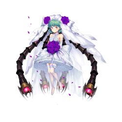1girl alternate_costume artist_request back_ribbon bare_shoulders beads breasts bridal_veil collar collarbone dress elbow_gloves final_gear flower frilled_thigh_strap full_body gloves green_hair heart heart_necklace heart_ornament highres jewelry lace-trimmed_veil lace_trim looking_at_viewer mecha_musume mechabare medium_breasts necklace nia_(final_gear) no_shoes official_alternate_costume official_art purple_eyes purple_flower purple_petals purple_rose ribbon rose see-through_clothes see-through_thighhighs see-through_veil short_hair simple_background solo tachi-e thigh_strap thighhighs third-party_source tiara transparent_background veil wedding_dress white_collar white_dress white_gloves white_ribbon white_tiara