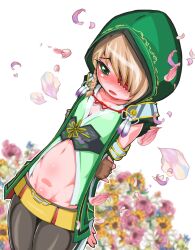 1girl arm_behind_back black_pantyhose blush braid braided_sidelock breasts brown_hair cleft_of_venus coat coat_pouch cowboy_shot detached_sleeves embarrassed eyepatch falling_petals field fingerless_gloves flower flower_field gloves green_coat green_eyes green_hood green_kimono groin gyaban123 hair_over_one_eye half-closed_eyes holding_own_arm hood japanese_clothes kimono looking_down navel neck_ribbon nose_blush open_mouth pantyhose petals pussy ribbon sengoku_otome short_hair skirt small_breasts solo standing stomach white_background yamamoto_kansuke_(sengoku_otome) yellow_skirt