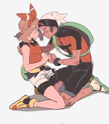 1boy 1girl beanie blush brendan_(pokemon) brown_hair closed_eyes fanny_pack grey_background hat hetero holding_hands kendy_(revolocities) kneeling may_(pokemon) nintendo pokemon pokemon_oras red_shirt shirt shoes simple_background sleeveless sleeveless_shirt sweat yellow_shoes