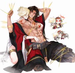 2boys absurdres asura_(onmyoji) bishounen black_hair blonde_hair chest_tattoo commentary commentary_request earrings eyeliner facial_mark full_body green_eyes hand_on_another&#039;s_crotch highres jewelry konsai_2 large_pectorals long_hair looking_at_viewer makeup male_focus multicolored_hair multiple_boys muscular muscular_male nail_polish nipples onmyoji pectoral_grab pectorals red_eyeliner red_hair red_tattoo short_hair simple_background skinny streaked_hair taishakuten_(onmyoji) tattoo teeth two-tone_hair white_background yaoi