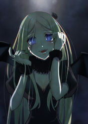 Rule 34 | 1girl, black nails, blonde hair, blue eyes, breasts, cleavage, demon girl, demon wings, empty eyes, fangs, fur collar, fur trim, hi-ko, highres, large breasts, long hair, looking at viewer, medium breasts, nail polish, overlord (maruyama), parted bangs, renner theiere chardelon ryle vaiself, sharp nails, very long hair, wings, yandere, yandere trance