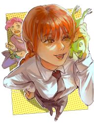 1boy 1girl 1other absurdres black_necktie black_pants border braid braided_ponytail business_suit chainsaw_man collared_shirt formal_clothes freckles frog highres holding_animal holding_frog jojo_no_kimyou_na_bouken long_sleeves makima_(chainsaw_man) medium_hair necktie pants pink_hair ponytail purple_pants purple_sweater red_hair ribbed_sweater ringed_eyes shirt shirt_tucked_in smile spotted_hair suit sweater turtleneck uu_2 vento_aureo vinegar_doppio white_background white_border white_shirt yellow_background yellow_eyes