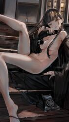 1girl absurdres arm_support breasts brown_hair cabinet cable commentary_request convenient_censoring dress expressionless gown head_tilt highres hime_cut holding indoors long_hair looking_at_viewer medium_breasts naked_robe navel nude open_clothes original phone robe see-through_clothes sitting soleil_(soleilmtfbwy03) solo stairs tsurime