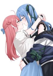 Rule 34 | 2girls, ahoge, black hair, blue bow, blue hair, blue sky, bow, braid, commentary request, earrings, eye contact, green eyes, hair bow, hair ribbon, half up braid, highres, hololive, hoshimachi suisei, hug, imminent kiss, jewelry, kurokawa rikuu, long hair, looking at another, multiple girls, one side up, pink hair, ribbon, sakura miko, shirt, short sleeves, sidelocks, sky, virtual youtuber, white shirt, white wrist cuffs, wrist cuffs, yuri