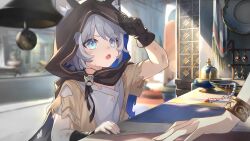 2girls absurdres adjusting_hood aged_down aglaea_(honkai:_star_rail) ancient_greek_clothes animal_ear_fluff animal_ears bad_link bandaged_arm bandages bell black_cloak black_gloves blue_cloak blue_eyes bracelet bruise bruise_on_arm bruise_on_face cat_ears choker cipher_(honkai:_star_rail) cloak fang game_cg gloves greco-roman_clothes grey_hair highres honkai:_star_rail honkai_(series) hood hood_up injury jewelry looking_at_another multiple_girls necklace official_art open_mouth out_of_frame shirt short_hair single_glove skin_fang table torn_cloak torn_clothes two-sided_fabric white_shirt yellow_nails