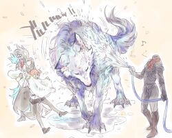 1girl 2boys animal ascot black_pantyhose black_skirt blue_fur boots brown_footwear cape closed_eyes collared_cape fate/grand_order fate_(series) fujimaru_ritsuka_(female) full_body hand_up hands_up harukazu headless hessian_(fate) high_collar highres holding holding_hose holding_towel hose james_moriarty_(archer)_(fate) lobo_(fate) long_sleeves multiple_boys musical_note orange_eyes oversized_animal pantyhose puddle red_ascot shaking simple_background skirt spoken_musical_note spraying standing towel water wet wolf yellow_background