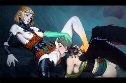 2girls ass between_breasts black_eyeshadow black_wings blonde_hair breasts brown_pubic_hair closed_eyes clothes_between_breasts colored_skin commentary crescent crescent_hair_ornament cunnilingus earrings english_commentary eris_(hades) eyeshadow female_pubic_hair foot_on_another&#039;s_back green_eyes green_lips green_nails grey_hair hades_(series) hades_2 hair_ornament hand_on_another&#039;s_head highres jewelry laurel_crown letterboxed looking_at_another makeup medium_breasts melinoe_(hades) multicolored_skin multiple_girls nail_polish oral parted_lips pubic_hair pussy red_eyes short_hair spread_legs tarakanovich uncensored white_skin wings yellow_skin yuri