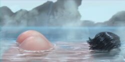 1girl absurdres afloat ass ass_focus bare_back bent_over bleach bleach:_sennen_kessen-hen commission commissioner_upload female_focus from_side highres in_water kuchiki_rukia landscape long_image narrow_waist onsen outdoors pale_skin partially_submerged realistic reflection ripples rock shiny_skin skinny solo solo_focus steam submerged top-down_bottom-up unconscious water water_drop wet wet_hair wide_image