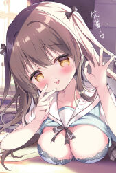 1girl azumi_kazuki black_bow blue_bra blush bow bow_bra bra breasts brown_eyes brown_hair cleavage closed_mouth clothes_lift collarbone commentary_request desk hair_between_eyes hair_bow highres indoors large_breasts long_hair looking_at_viewer ok_sign original sailor_collar school_desk school_uniform serafuku shirt shirt_lift short_sleeves solo sweater_vest tongue tongue_out translated two_side_up underwear upper_body very_long_hair white_sailor_collar white_shirt window