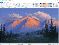 art_program_in_frame christian_young commentary day forest landscape limited_palette microsoft_paint_(medium) microsoft_paint_(software) mountain mountainous_horizon nature no_humans original outdoors painterly scenery screencap snow sunrise tree