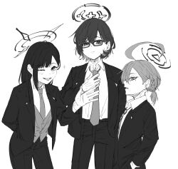Rule 34 | 3girls, ;d, absurdres, adjusting clothes, adjusting necktie, arm behind back, blue archive, chihiro (blue archive), closed mouth, collared shirt, cowboy shot, dress shirt, formal clothes, from side, frown, glasses, gloves, greyscale, halo, hand in pocket, hand up, height difference, highres, hoffun, ichika (blue archive), jacket, looking at viewer, monochrome, multiple girls, necktie, neru (blue archive), one eye closed, open mouth, pants, shirt, smile, suit, vest