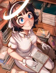 1girl absurdres angel azazel_(helltaker) banana black_hair blue_eyes blush book dilan_griz food fruit gloves halo helltaker highres holding holding_pen looking_up nervous_smile nervous_sweating pants pen shirt sitting smile sweat wariza white_gloves white_pants white_shirt