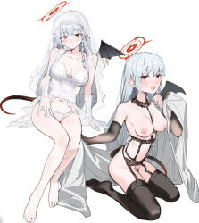 1girl bare_shoulders barefoot black_gloves black_tail black_thighhighs black_wings blue_archive braid breasts closed_mouth elbow_gloves female_pubic_hair gloves grey_hair halo haruna_(blue_archive) highres invisible_chair kneeling long_hair looking_at_viewer medium_breasts multiple_views navel nipples no_shoes panties pubic_hair red_eyes red_halo simple_background single_braid single_wing sitting smile thighhighs umiwashi underwear white_background white_gloves white_panties wings
