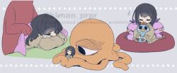 1girl artist_self-insert banban_(garten_of_banban) bird brown_cardigan cardigan closed_eyes crossed_arms garten_of_banban grey_background jellyfish kiman long_sleeves opila_chick original runaway_girl_(kiman) sidelocks simple_background squeans sleeping solo star_(symbol) stinger_flynn tarta_chick