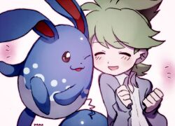 1boy :3 azumarill clenched_hands closed_eyes collared_shirt commentary_request gen_2_pokemon green_hair grey_jacket jacket long_sleeves mari_mokomo nintendo notice_lines one_eye_closed open_clothes open_jacket open_mouth pokemon pokemon_(creature) pokemon_oras shirt short_hair signature smile upper_body wally_(pokemon) white_shirt