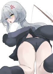 1girl absurdres anger_vein angry ass black_panties black_skirt black_socks blush character_request clothes_lift female_focus fish_hook fishing_line fishing_rod grey_hair hair_intakes highres jacket long_hair looking_at_viewer nemuri_fuka panties shirt shirt_lift simple_background skirt socks solo tagme tail underwear vrchat white_shirt yellow_eyes