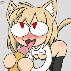 animal_ears black_pants blonde_hair cat cat_ears cat_girl cat_tail fellatio neco-arc non-web_source oral pants penis_grab petite red_eyes shirt sketch spanky15 tail white_shirt