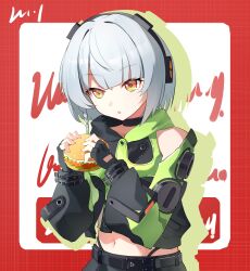 1girl :o a_maple absurdres anby_demara belted_skirt black_choker black_gloves braided_sidelocks burger choker crop_top fingerless_gloves food gloves green_jacket grey_hair headphones highres holding holding_burger holding_food jacket navel orange_eyes short_hair upper_body white_hair zenless_zone_zero