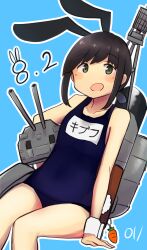 Rule 34 | 1girl, absurdres, alternate costume, animal ear hairband, animal ears, blue background, blue one-piece swimsuit, blush, breasts, brown hair, bunny day, carrot, character name, collarbone, commentary request, dated, fake animal ears, fubuki (kancolle), green eyes, hairband, highres, holding, holding turret, kantai collection, low ponytail, ma rukan, medium hair, old school swimsuit, one-piece swimsuit, open mouth, outline, playboy bunny swimsuit, ponytail, rabbit ear hairband, rabbit ears, rabbit tail, rigging, school swimsuit, ship turret, short ponytail, sidelocks, signature, small breasts, smokestack, solo, swimsuit, tail, translated, turret, white outline