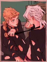 2boys absurdres aqua_eyes back black_jacket black_pants black_shirt blonde_hair border braid clothing_cutout earrings giorno_giovanna grey_border hand_on_another&#039;s_thigh highres holding_necktie indoors jacket jewelry jojo_no_kimyou_na_bouken long_hair looking_at_another male_focus medium_hair multiple_boys okokoro_zaiku pannacotta_fugo pants shirt sitting stud_earrings vento_aureo victory_rolls white_hair yaoi
