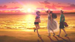 1boy 2girls bare_legs baseball_cap beach black_shorts blue_vest breasts brown_eyes brown_hair clothes_around_waist cloud cloudy_sky denim_vest dress fukuda_tomonori game_cg green_shirt hair_between_eyes hand_in_pocket hat high_heels high_ponytail highres horizon jacket jacket_around_waist long_hair looking_at_another multiple_girls ocean official_alternate_costume official_art outdoors pink_shirt plaid_clothes plaid_jacket ponytail ponytail_with_braided_base red_eyes red_hair red_jacket robotics;notes robotics;notes_dash science_adventure senomiya_akiho senomiya_misaki shirt shorts siblings sisters sky sleeveless sleeveless_dress small_breasts smile standing striped_clothes striped_shorts sun sun_hat sundress sunset t-shirt vertical-striped_clothes vertical-striped_shorts vest water white_dress yashio_kaito