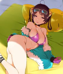 1girl ahoge armlet ass azur_lane bebebe_(pepegakii) bikini blush breasts brown_hair cleavage collarbone eyewear_on_head female_focus fur_trim hair_ornament hair_rings hand_on_own_ass highres jacket jewelry looking_at_viewer lying mat medium_breasts navel ning_hai_(azur_lane) ning_hai_(summer_hunger)_(azur_lane) on_side open_mouth purple_bikini purple_eyes shadow short_hair solo sunglasses sweat swimsuit twintails