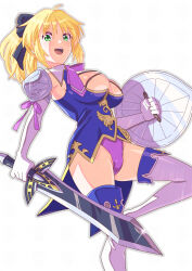 1girl absurdres ascot black_ribbon blonde_hair blush boots breasts cassandra_alexandra cleavage elbow_gloves gloves green_eyes hair_ribbon high_ponytail highres medium_breasts necktie open_mouth pink_necktie ponytail ribbon shield short_hair showgirl_skirt solo soul_calibur soulcalibur soulcalibur_iv sword thigh_boots thighhighs toku_sonchou weapon white_thighhighs
