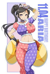 Rule 34 | 10s, 1girl, aria (senran kagura), badge, birthday, black hair, breasts, cymbals, female focus, haganemaru kennosuke, hair ribbon, instrument, large breasts, long hair, looking at viewer, navel, ponytail, purple eyes, ribbon, senran kagura, senran kagura new wave, smile, solo, v