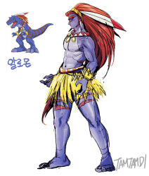 1boy allomon artist_name barefoot bodypaint colored_skin creature_and_personification digimon digimon_(creature) earrings fingernails full_body grass_skirt jewelry korean_commentary long_hair male_focus navel pectorals personification purple_skin red_hair reference_inset sharp_fingernails signature tamtamdi toenails toned toned_male topless_male veins veiny_arms white_background
