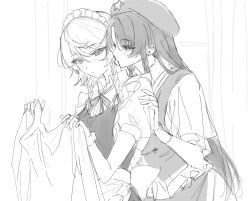 2girls absurdres apron back_bow blush bow braid collared_shirt frilled_shirt frills greyscale hat_ornament highres hong_meiling izayoi_sakuya kiss kissing_neck long_hair maid maid_apron maid_headdress monochrome multiple_girls neck_ribbon puffy_short_sleeves puffy_sleeves ribbon sarukana shirt short_sleeves sketch star_(symbol) star_hat_ornament touhou twin_braids upper_body very_long_hair vest waist_apron wrist_cuffs yuri