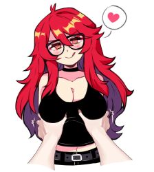 1girl belt black_choker blush breasts choker cleavage closed_mouth collarbone glasses grabbing_another&#039;s_breast groping hair_between_eyes heart highres large_breasts licking_lips long_hair looking_at_viewer midriff mizzu_(mizzuiita) mizzuiita navel original pov red_hair seductive_smile short_hair smile solo_focus spanish_commentary speech_bubble tongue tongue_out upper_body white_background yellow_eyes