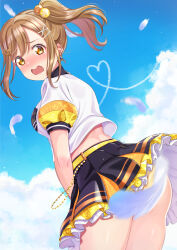 1girl alternate_costume ass black_skirt blue_sky blush braveheart_coaster breasts brown_hair cloud commentary_request commission convenient_censoring cowboy_shot day embarrassed falling_feathers feathers frilled_skirt frills from_behind hair_ornament heart heart_of_string highres iroenpitsu_xxx kunikida_hanamaru love_live! love_live!_sunshine!! median_furrow medium_breasts medium_hair miniskirt nose_blush open_mouth outdoors panties pantyshot peanut_mouth pleated_skirt puffy_short_sleeves puffy_sleeves shirt short_sleeves side_ponytail sidelocks skeb_commission skirt sky solo underwear upskirt white_shirt x_hair_ornament yellow_panties