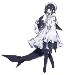 Rule 34 | 1girl, black hair, black sclera, cetacean tail, colored sclera, colored skin, commentary request, dorsal fin, dress, facial mark, fang, fins, fish tail, frilled dress, frilled sleeves, frills, full body, highres, kaganoi (nemi ze), looking at viewer, monster girl, orca girl, original, oversized forearms, oversized limbs, pointy ears, sailor collar, short hair, simple background, skin fang, solo, standing, tail, whisker markings, white background, white dress, white eyes, white sailor collar, white skin