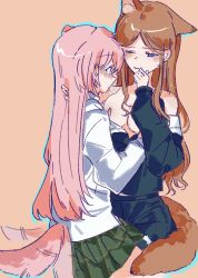 2girls animal_ears bang_dream! bang_dream!_it&#039;s_mygo!!!!! black_shirt black_skirt blue_eyes blush breasts breasts_out brown_hair chihaya_anon chinese_commentary collared_shirt commentary_request dog_ears dog_girl grabbing_another&#039;s_breast green_skirt groping hand_in_another&#039;s_hair kemonomimi_mode long_hair medium_breasts multiple_girls nagasaki_soyo off_shoulder one_eye_closed orange_background parted_lips pink_hair plaid_clothes plaid_skirt pleated_skirt shirt simple_background skirt sweat tail tail_wagging white_shirt xizhou_maomao yuri