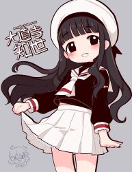 Rule 34 | 1girl, black hair, blunt bangs, blush, cardcaptor sakura, clothes lift, commentary, daidouji tomoyo, english commentary, fanbox username, grey background, hat, long hair, pleated skirt, pongldr, simple background, skirt, skirt lift, smile, standing, white hat, white skirt