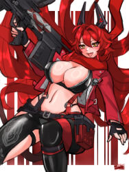 1girl :d absurdres antenna_hair belt black_belt black_gloves black_jacket black_pants breasts cleavage clothing_cutout commentary cropped_jacket crotch_plate double-parted_bangs fang fingerless_gloves gloves goddess_of_victory:_nikke gun hair_between_eyes hair_flaps hand_up highres hip_vent holding holding_gun holding_weapon horns ilvaite jacket large_breasts leather leather_jacket leather_pants leg_cutout long_hair long_sleeves looking_at_viewer mechanical_horns midriff navel open_clothes open_jacket open_mouth pants red_background red_hair red_hood_(nikke) red_jacket red_scarf rifle scarf sidelocks signature skin_fang skindentation smile sniper_rifle solo standing suspenders unzipped very_long_hair weapon yellow_eyes zipper