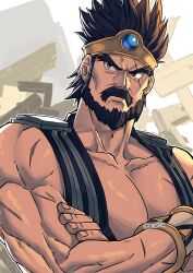Rule 34 | 1boy, artist name, bara, beard, black facial hair, black vest, blue gemstone, bracer, circlet, commentary, crossed arms, dragon quest, dragon quest iii, facial hair, gem, gold circlet, grey eyes, highres, looking to the side, male focus, mature male, muscular, muscular male, mustache, ortega (dq3), pectorals, rovrov, scar, scar across eye, scar on arm, scar on chest, scar on face, short hair, solo, spiked hair, upper body, vest, white background