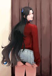1girl absurdres ass asymmetrical_horns black_hair black_panties blue_hair colored_inner_hair commentary curtains demon_horns english_commentary from_behind grey_skirt highres hololive hololive_english horns inconvenient_ass long_hair looking_back mairu_(user_2757) miniskirt mole mole_under_eye multicolored_hair nerissa_ravencroft open_mouth panties red_eyes red_sweater skirt skirt_tug solo sweater turtleneck turtleneck_sweater two-tone_hair underwear uneven_horns very_long_hair virtual_youtuber wavy_hair