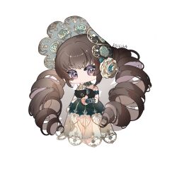 1girl absurdly_long_hair black_bonnet bonnet brown_hair character_request chibi chinese_commentary coat colored_eyelashes commentary_request detached_collar detached_sleeves doll_joints dress drill_hair eeeestella floral_print gown green_bridal_gauntlets green_coat green_dress green_sleeves high_collar highres holding joints lace lace-trimmed_dress lace_bridal_gauntlets lace_trim long_dress long_hair nikki_(series) no_mouth purple_eyes rose_print see-through_clothes see-through_dress shining_nikki short_sleeves signature simple_background solo sparkling_eyes standing strapless strapless_dress tareme twin_drills two-tone_dress very_long_hair white_background yellow_dress