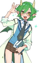 1girl alternate_costume bespectacled black-framed_eyewear black_necktie blush book brown_eyes brown_skirt draco_centauros dragon_girl dragon_horns dragon_tail dragon_wings fangs glasses green_hair highres holding holding_book horns long_sleeves necktie open_mouth pleated_skirt pointy_ears puyopuyo puyopuyo_quest round_eyewear short_hair simple_background skirt smile solo tail teeth upper_teeth_only urolo white_background wings
