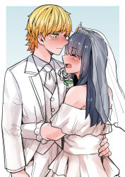 1boy 1girl akizakura_iori bare_shoulders black_hair blonde_hair blush bridal_veil closed_eyes couple crossdressing dress gloves hetero highres ikemen_joshi_to_josou_danshi long_hair open_mouth reverse_trap rindou_hazuki smile tadd_(tatd) veil wedding_dress white_dress white_gloves yellow_eyes
